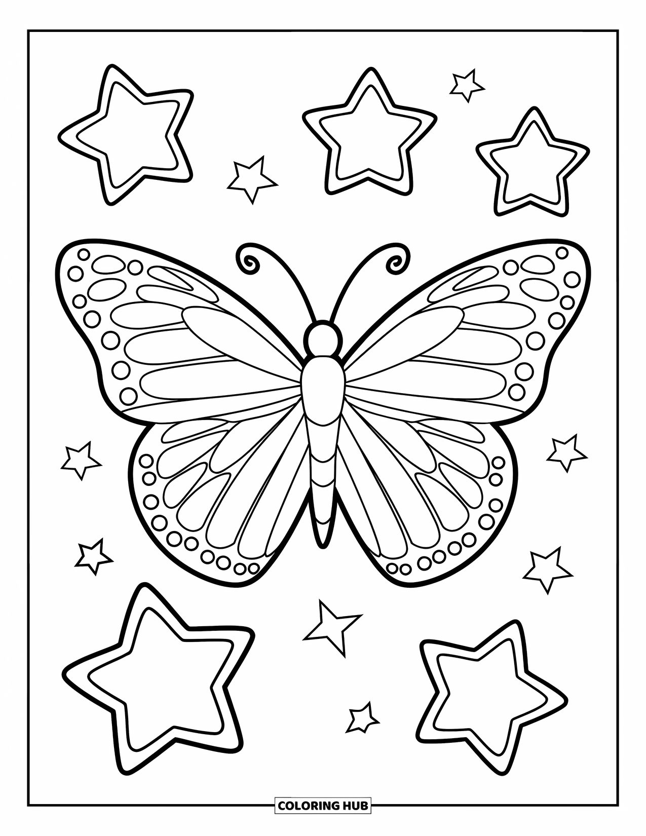 Butterfly Coloring Page for Kids: A butterfly with stars around it, outlined for easy coloring