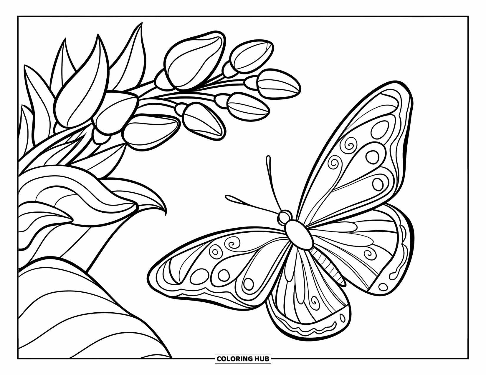 Butterfly Coloring Page for Kids: A butterfly with swirled wings flying beside leaves and flower buds