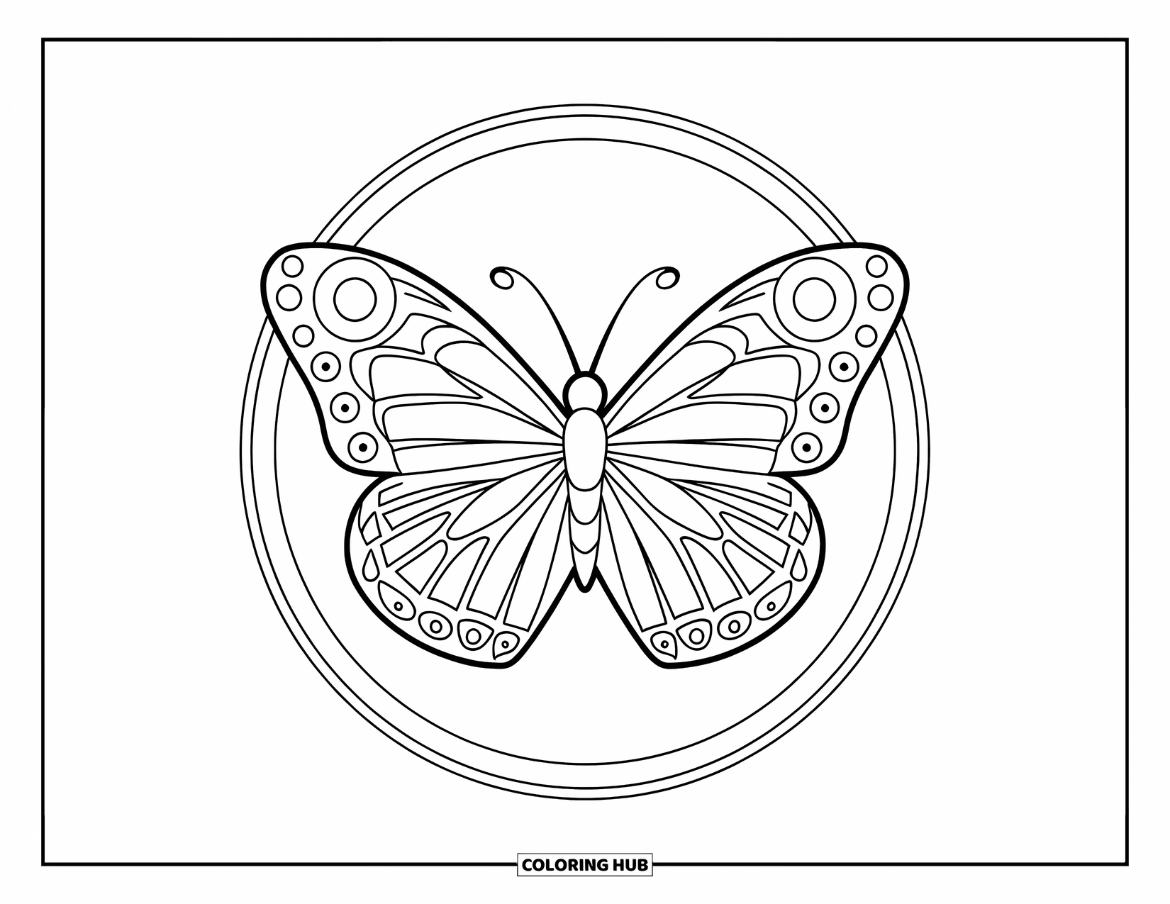 Butterfly Coloring Page for Kids: A butterfly with symmetrical wing designs inside a circular outline