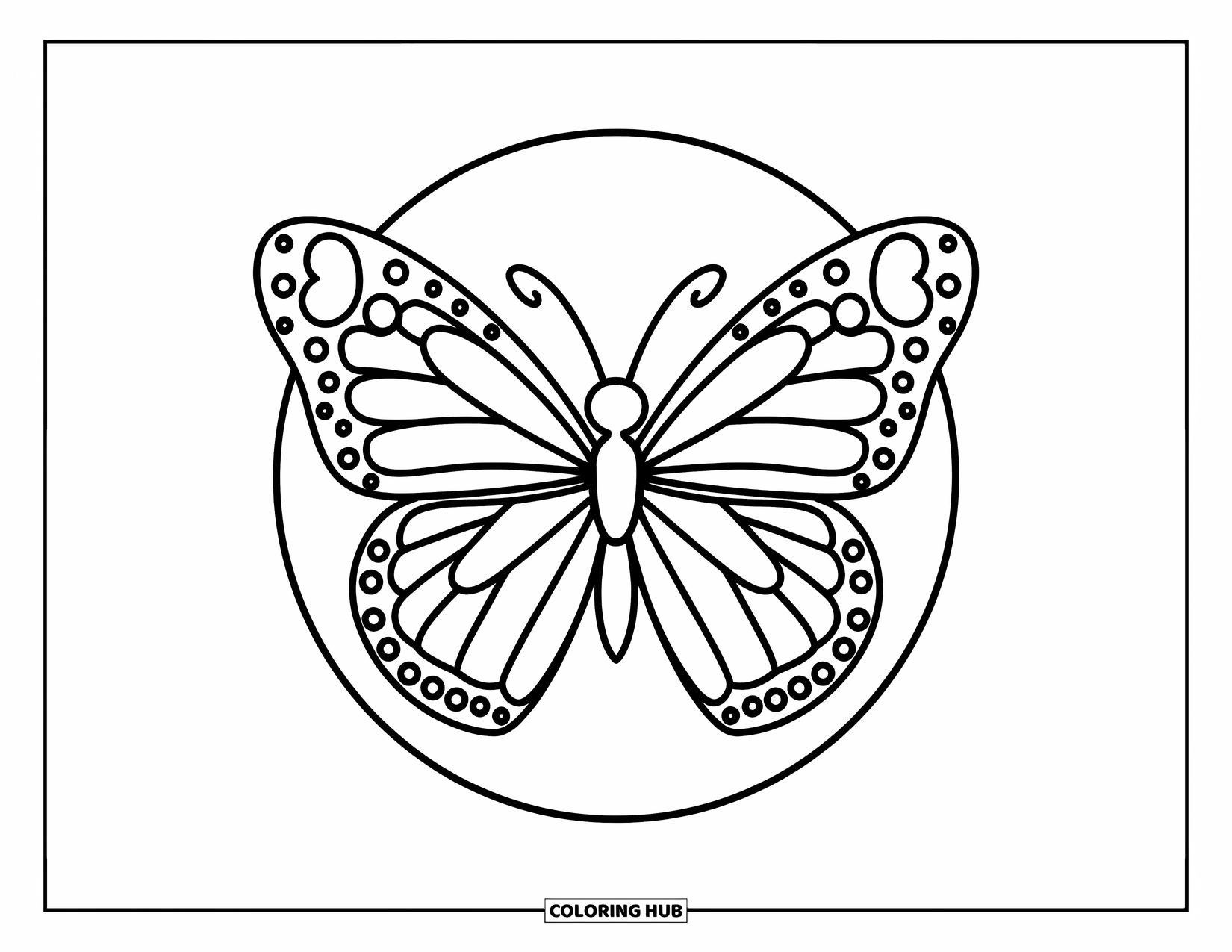 Butterfly Coloring Page for Kids: A butterfly with symmetrical wings inside a circular outline