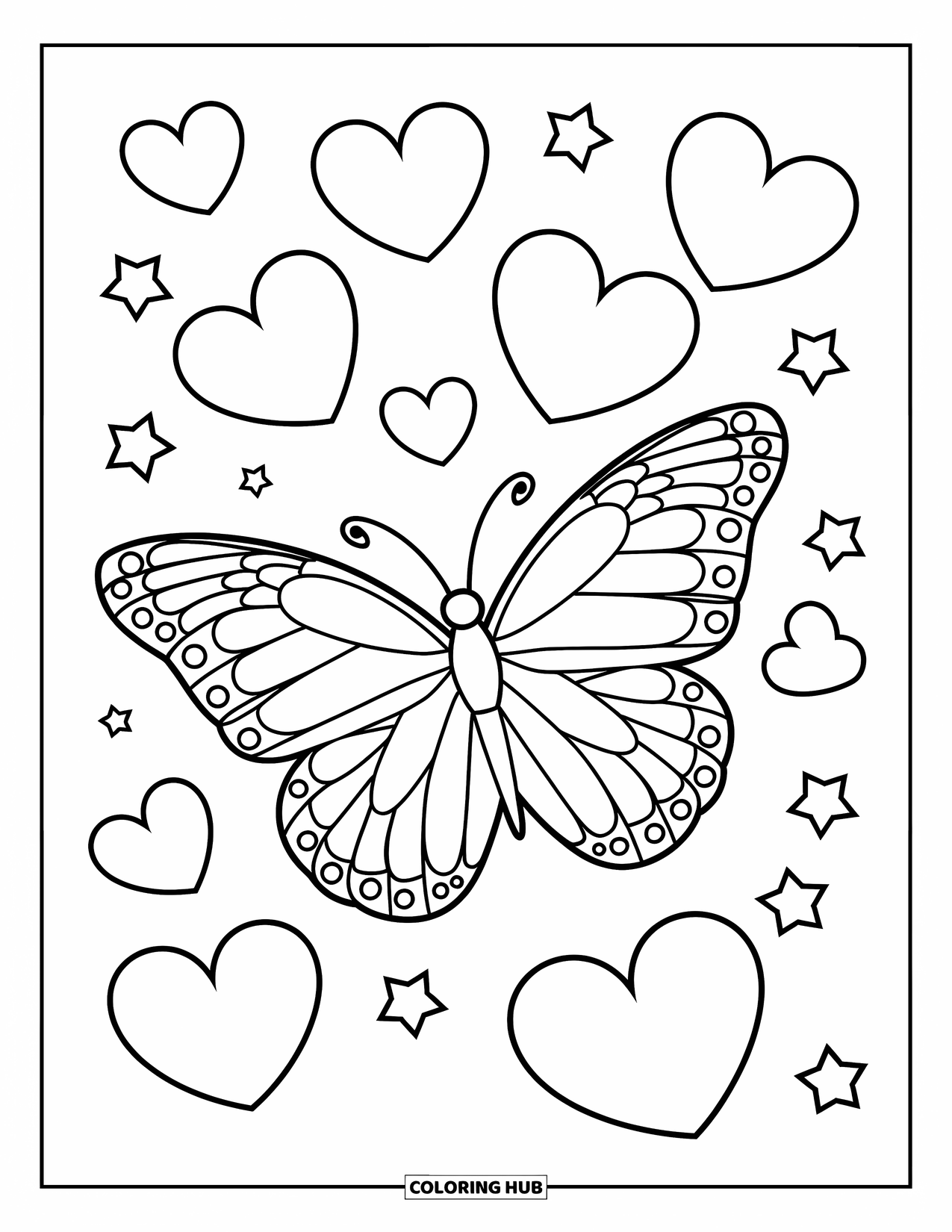 Butterfly Coloring Page for Kids: A butterfly with wide, patterned wings surrounded by floating hearts and stars