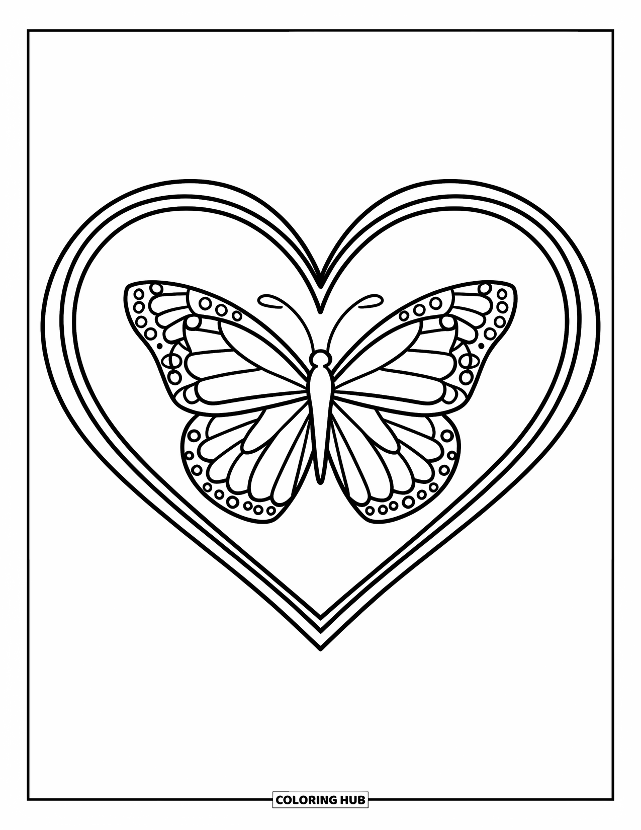 Butterfly Coloring Page for Kids: A butterfly with wide wings centered in a heart-shaped frame