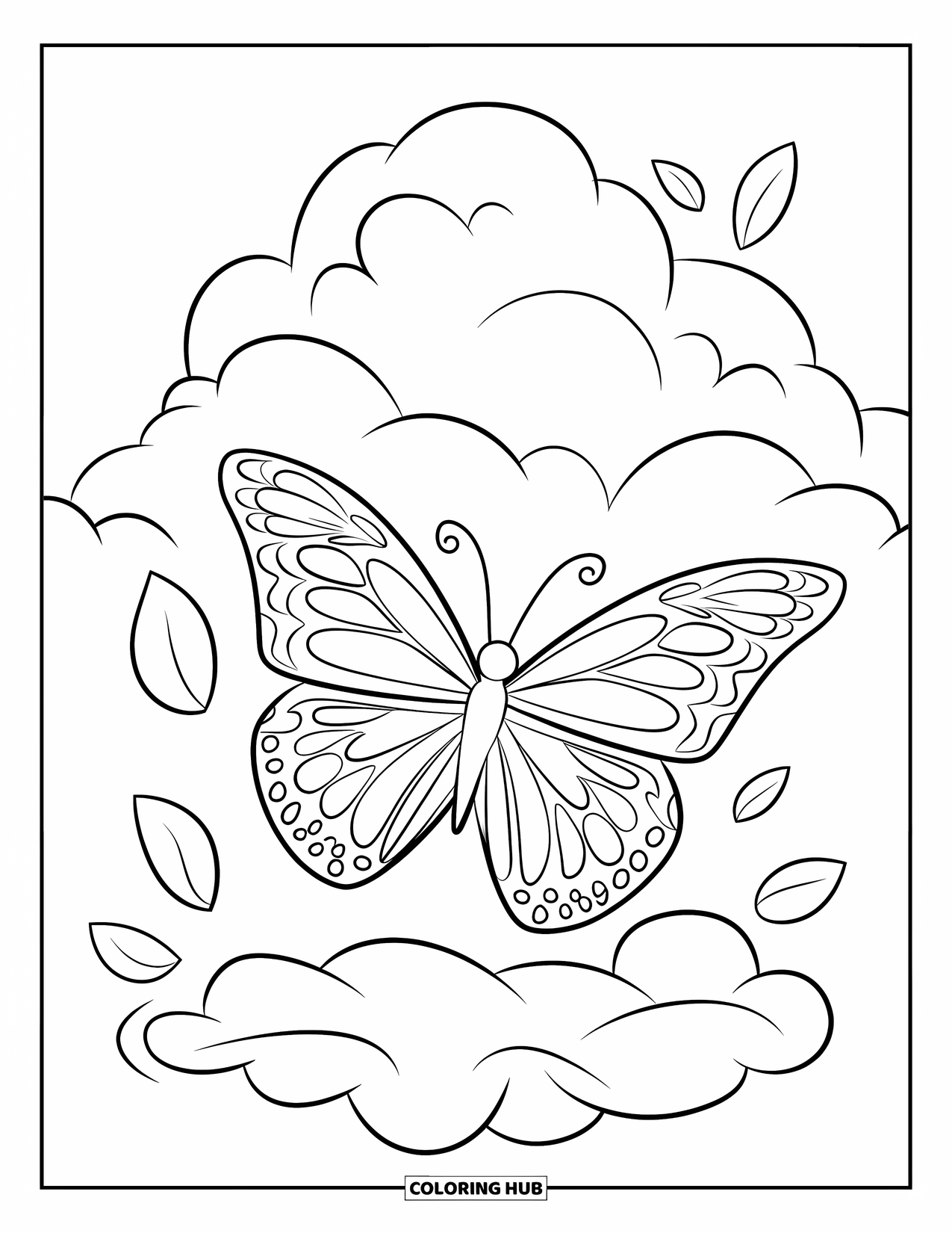 Butterfly Coloring Page for Kids: A butterfly with zigzag wings floating above a cloud with leaf outlines