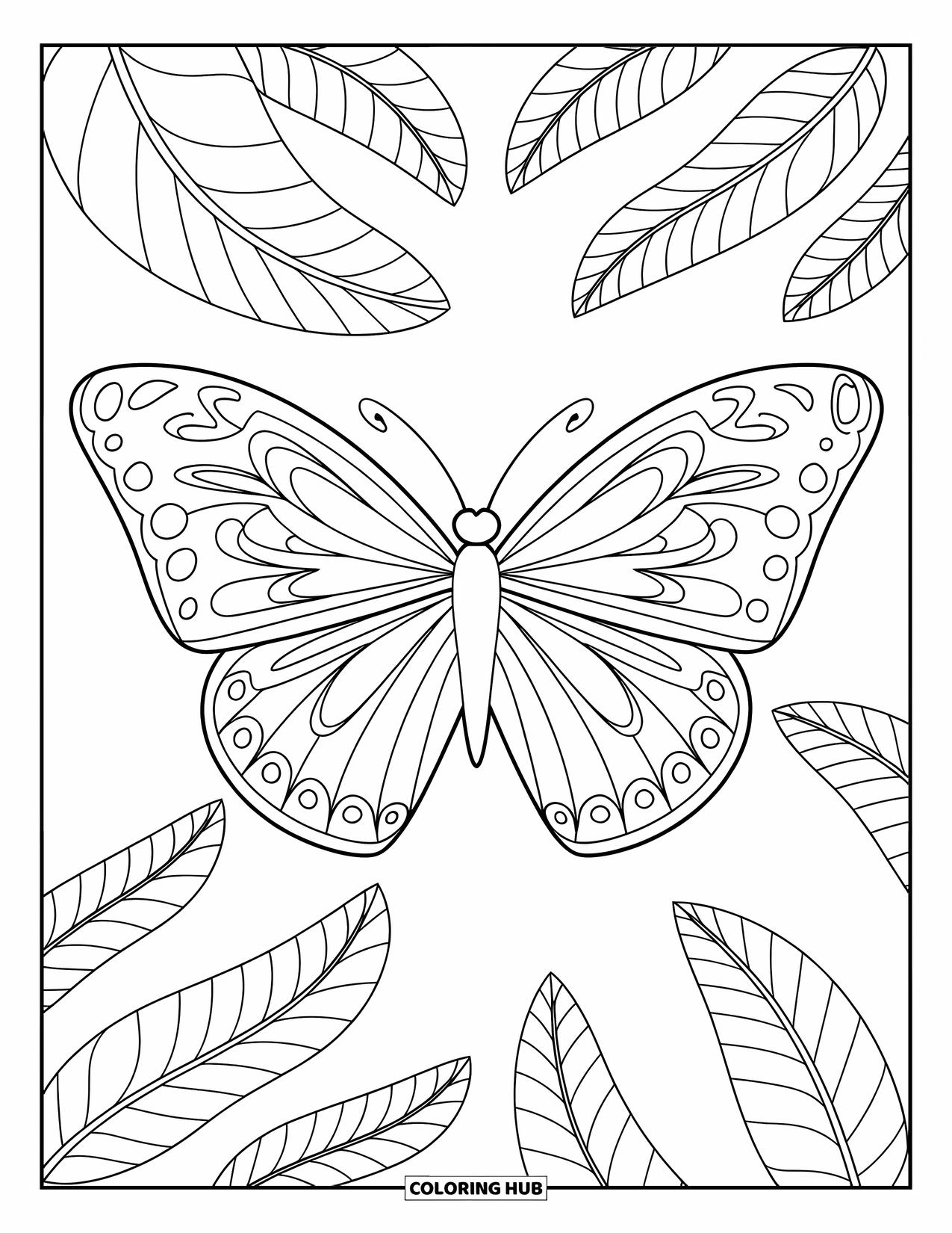 Butterfly Coloring Page for Kids: A butterfly with zigzag wings flying among leaf outlines