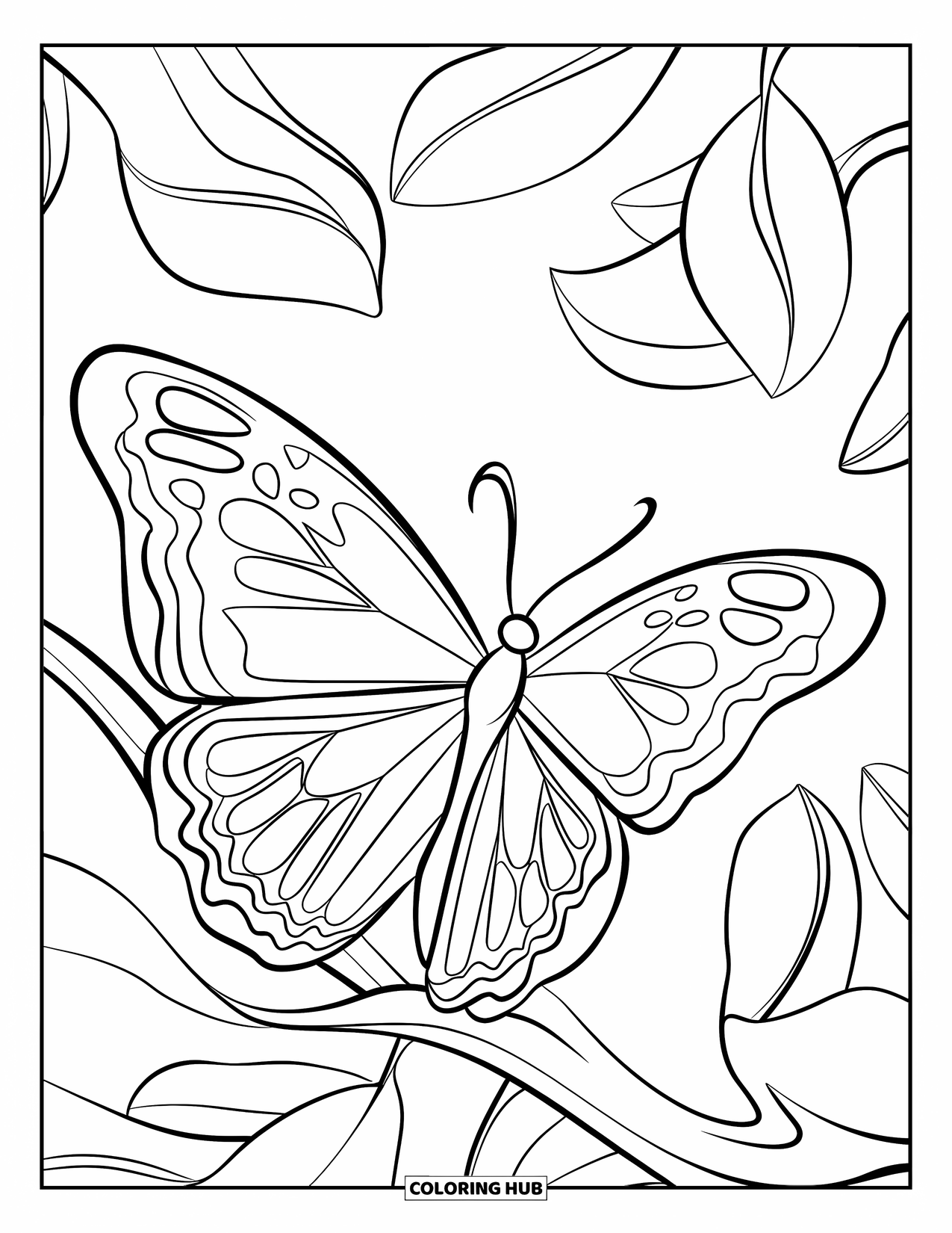 Butterfly Coloring Page for Kids: A butterfly with zigzag wings perched on a branch with floating leaves