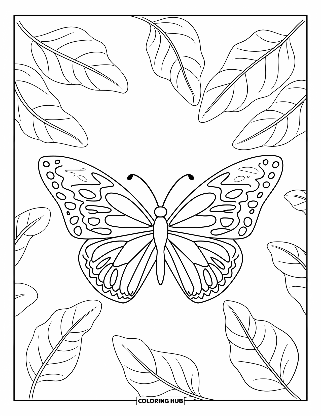 Butterfly Coloring Page for Kids: A butterfly with zigzag wings surrounded by floating leaf outlines