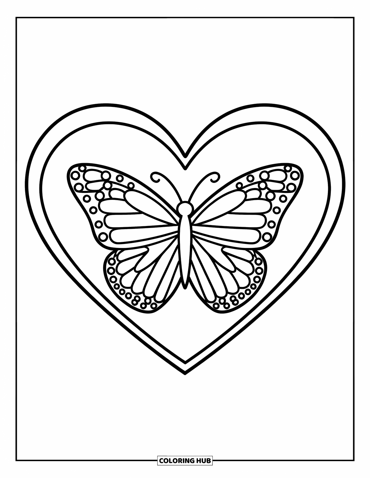 Butterfly Coloring Page for Kids: A heart-shaped frame with a butterfly in the center