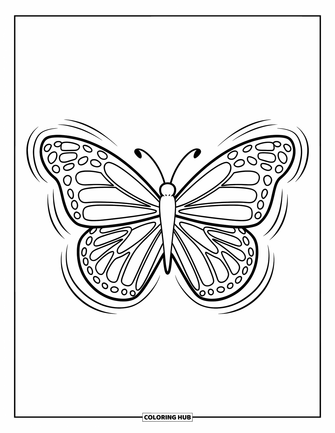 Butterfly Coloring Page for Kids: A large butterfly with bold outlines and fluttering motion lines