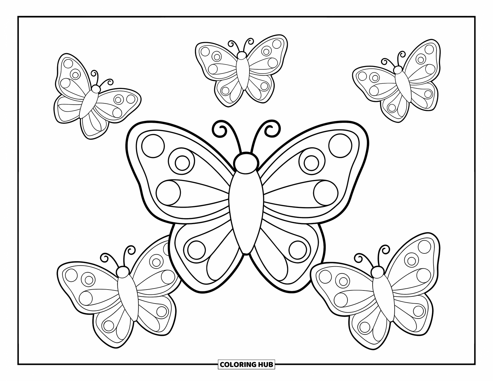 Butterfly Coloring Page for Kids: A large butterfly with four small butterflies arranged around it