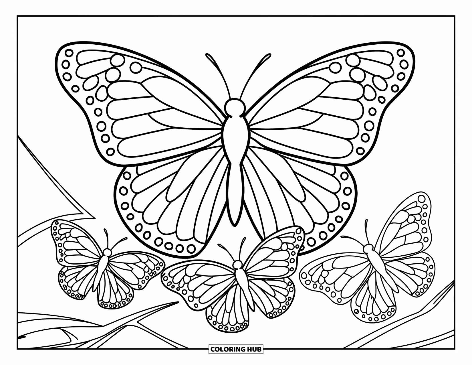 Butterfly Coloring Page for Kids: A large butterfly with four smaller ones perched on a leafy branch
