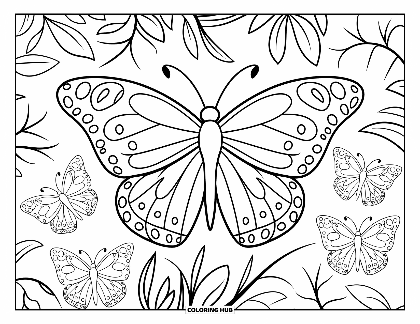 Butterfly Coloring Page for Kids: A large butterfly with playful wings surrounded by four smaller butterflies