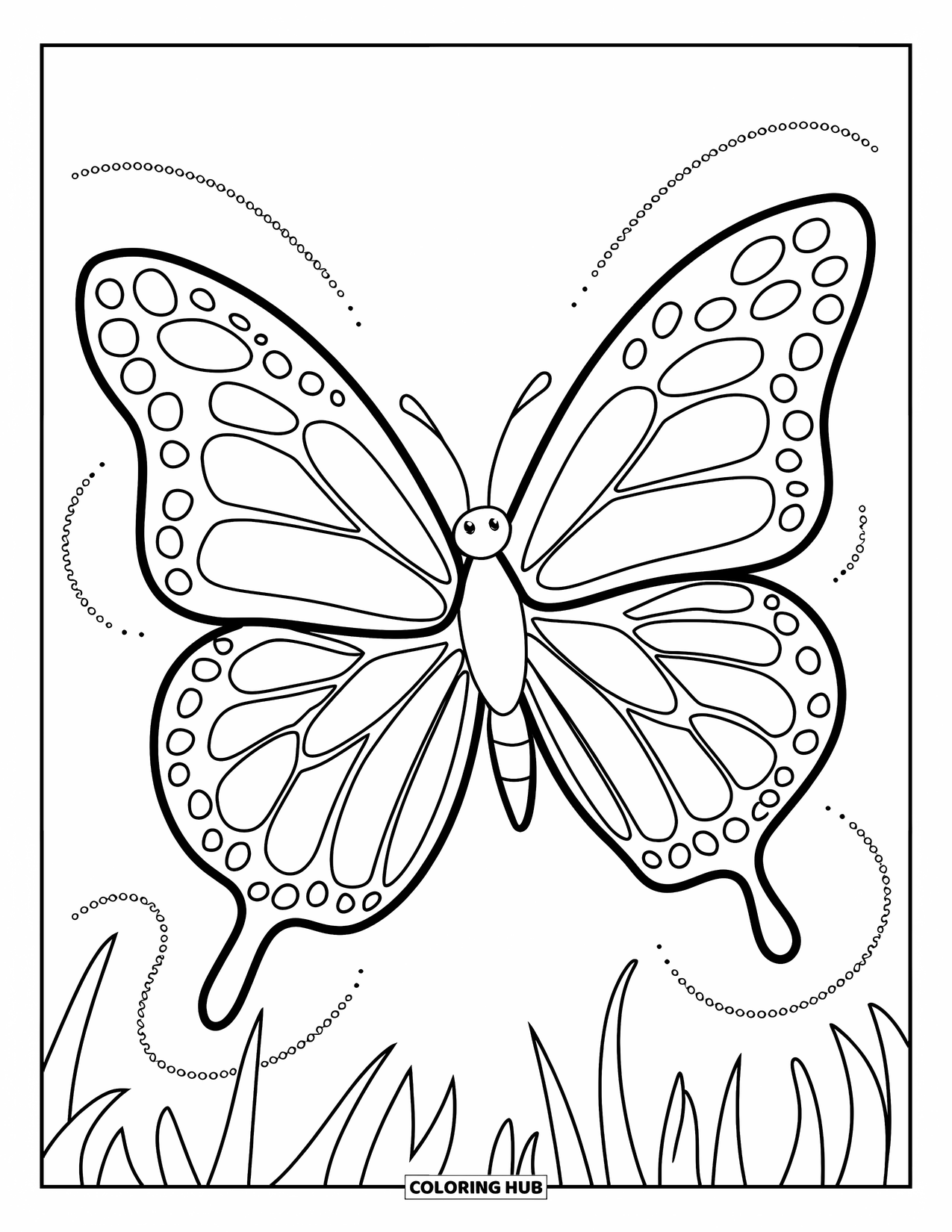 Butterfly Coloring Page for Kids: A large butterfly with simple patterns and fluttering motion lines