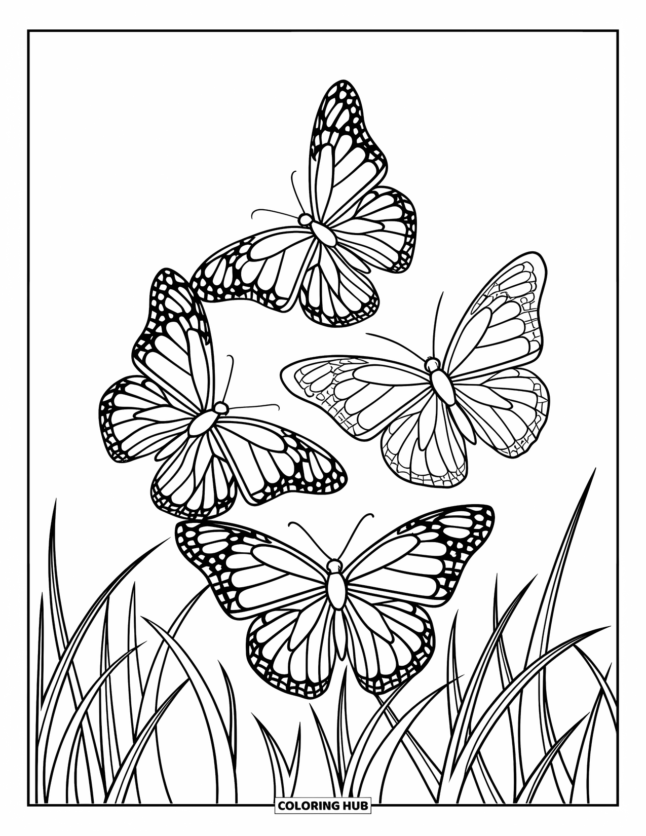 Butterfly Coloring Page for Kids: Three butterflies flying above wavy grass blades