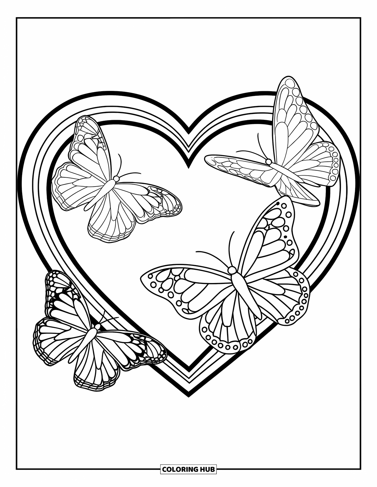 Butterfly Coloring Page for Kids: Three butterflies flying around a heart-shaped frame with bold outlines
