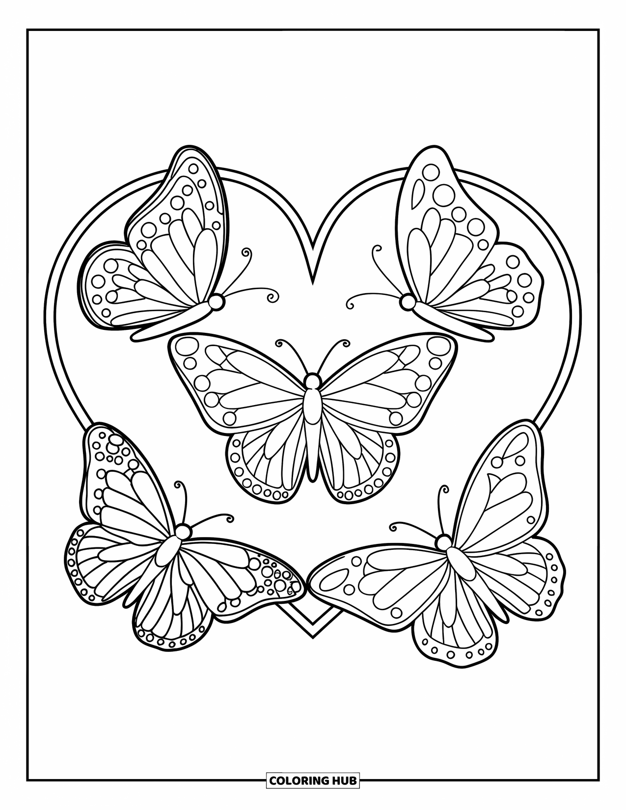 Butterfly Coloring Page for Kids: Three butterflies flying around a heart-shaped frame
