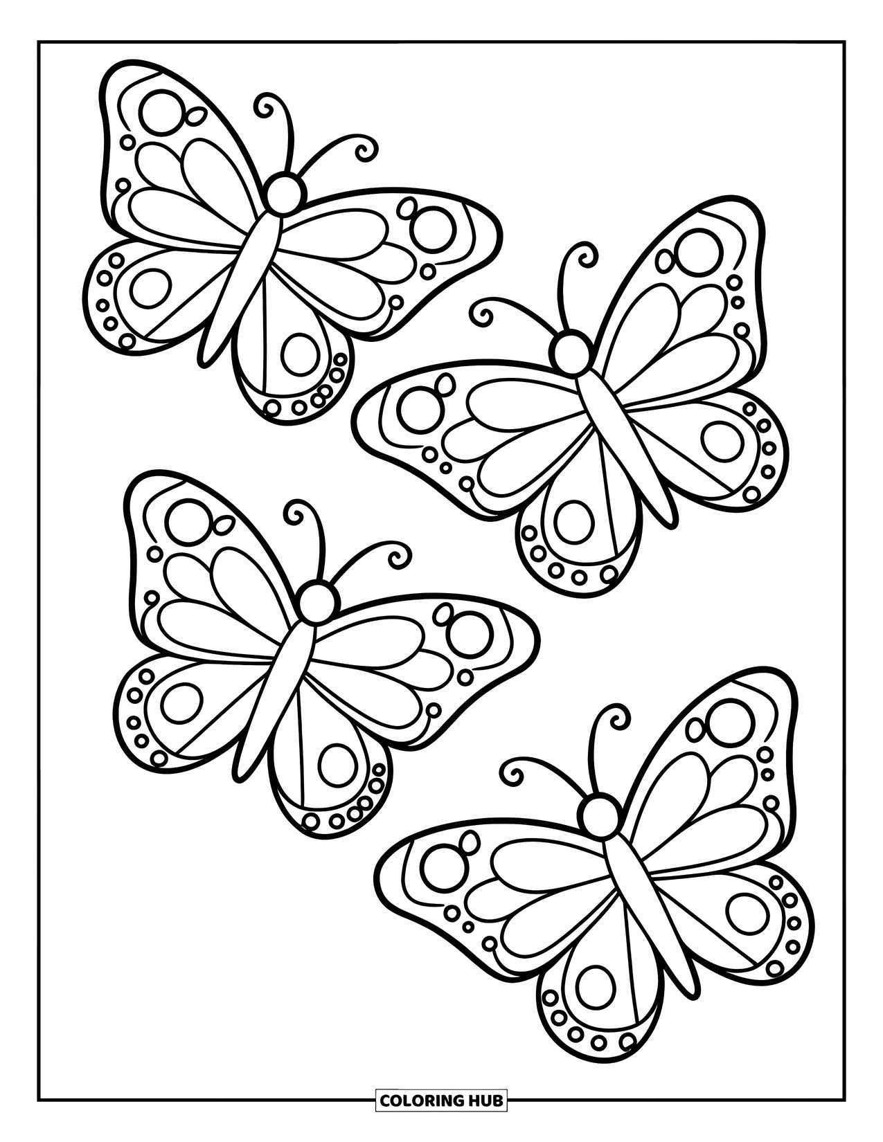 Butterfly Coloring Page for Kids: Three butterflies flying in a diagonal line with simple wing patterns