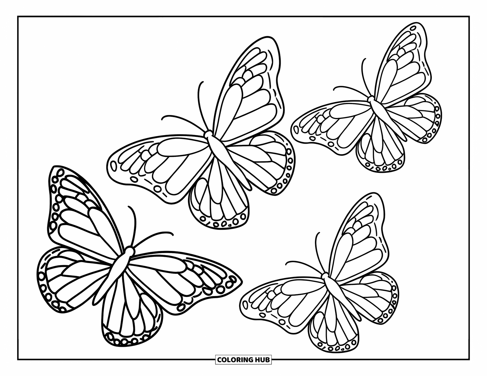 Butterfly Coloring Page for Kids: Three butterflies flying in a gentle arc with simple patterns