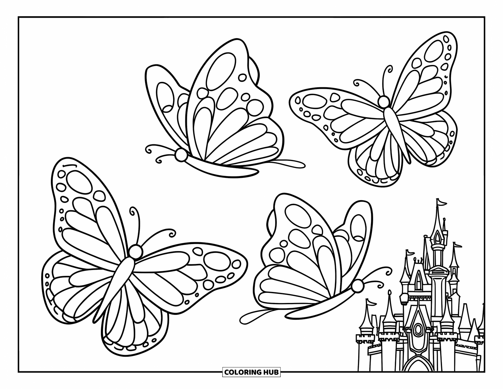 Butterfly Coloring Page for Kids: Three butterflies flying in an arc with a castle in the background