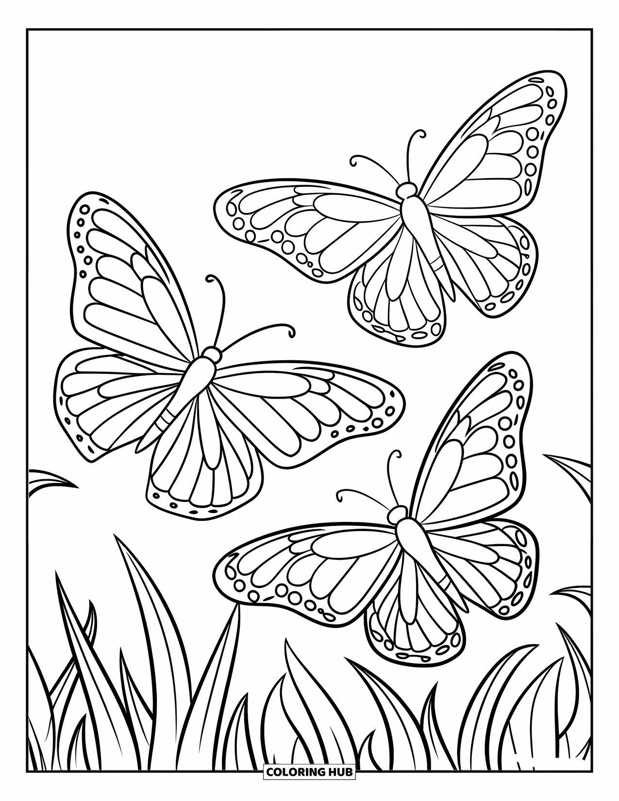 Butterfly Coloring Page for Kids: Three butterflies soaring above grass blades in a triangular formation