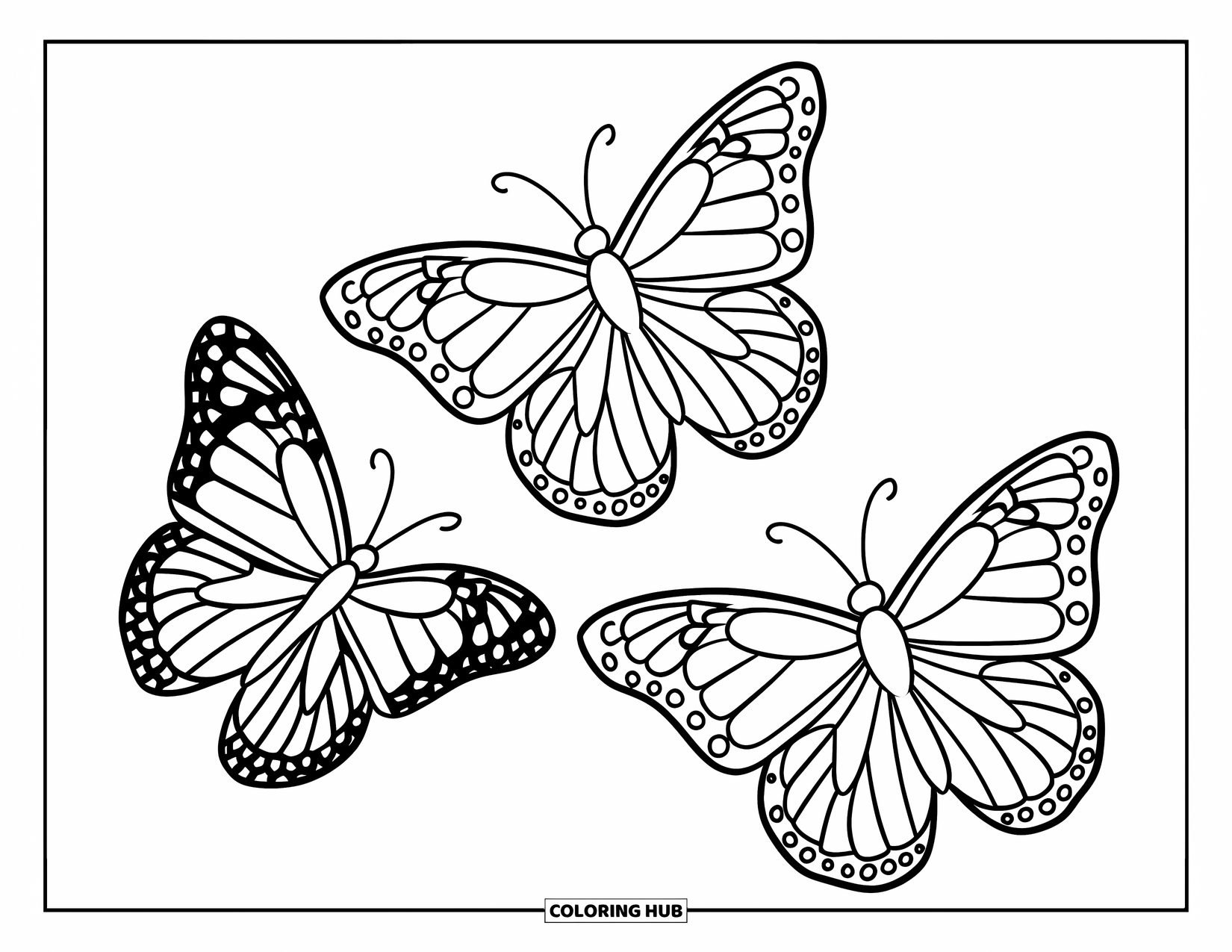 Butterfly Coloring Page for Kids: Three butterflies with basic wing patterns flying in an arc