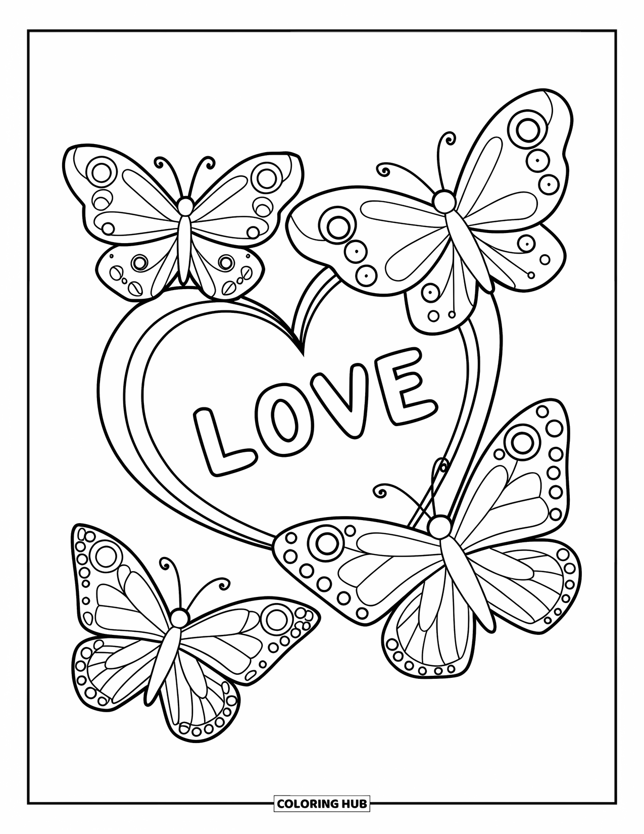 Butterfly Coloring Page for Kids: Three butterflies with round eyes flying around a heart frame with "Love" on it