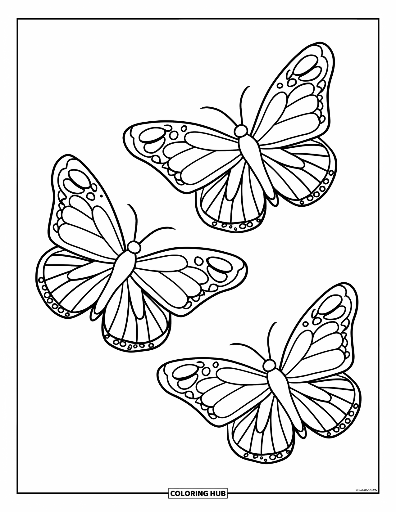 Butterfly Coloring Page for Kids: Three butterflies with rounded wings flying in a diagonal line