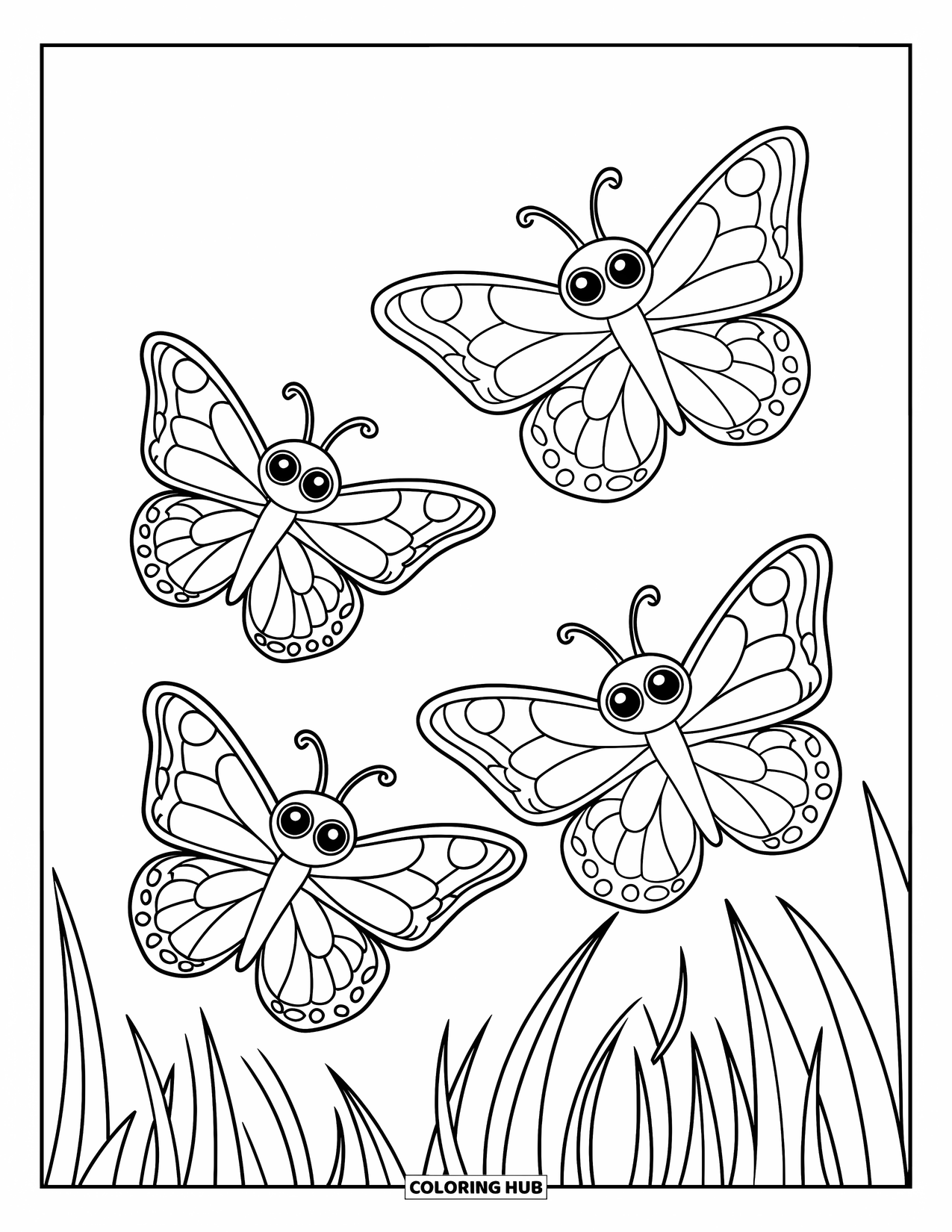 Butterfly Coloring Page for Kids: Three butterflies with unique wings flying over thin grass blades