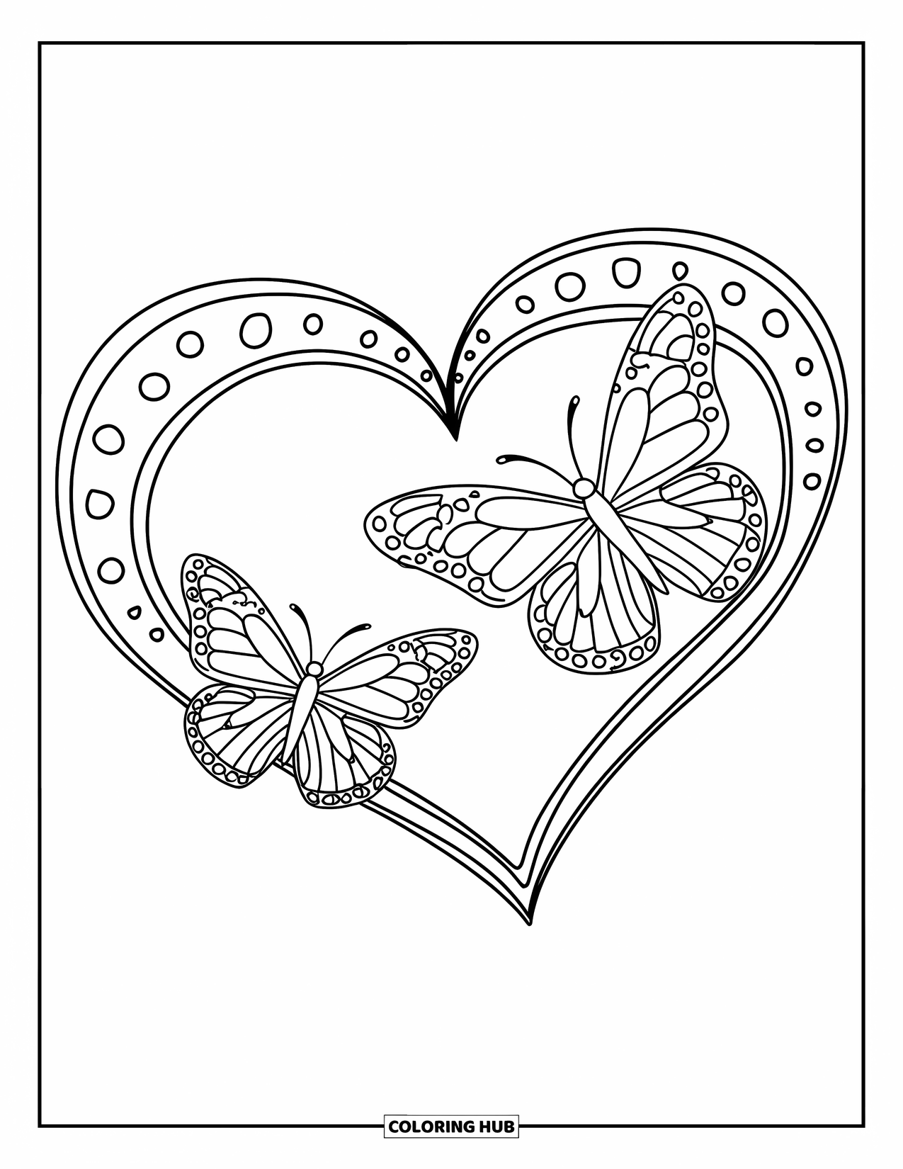 Butterfly Coloring Page for Kids: Two butterflies flying around a heart-shaped outline, with detailed wings and veins