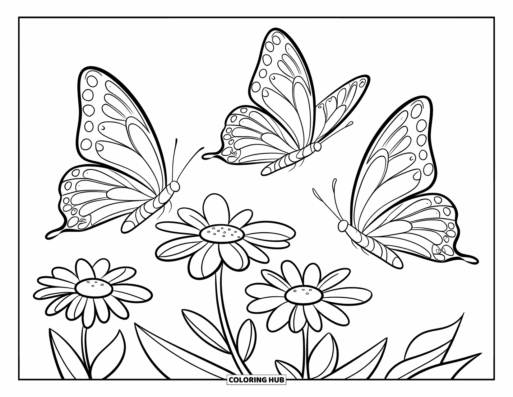 Butterfly Coloring Page for Kids: Two butterflies flying over three five-petaled flowers