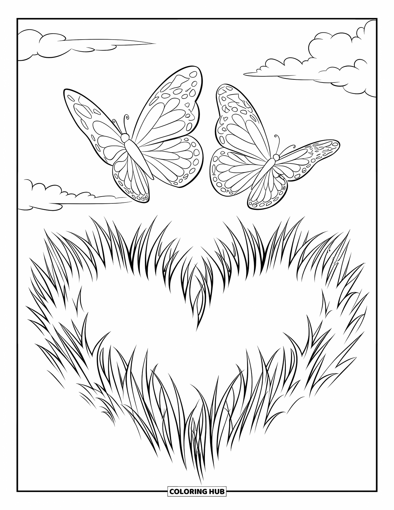 Butterfly Coloring Page for Kids: Two butterflies flying side by side above heart-shaped grass, with a clear sky in the background