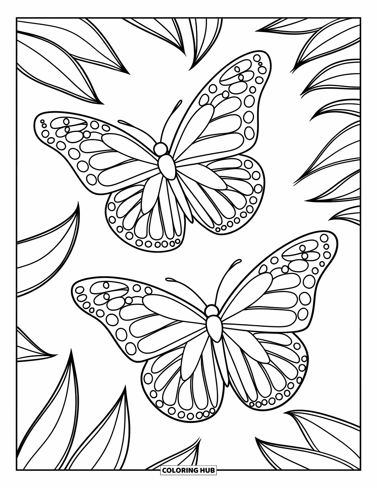 Butterfly Coloring Page for Kids: Two butterflies with intricate wing patterns surrounded by leaf outlines