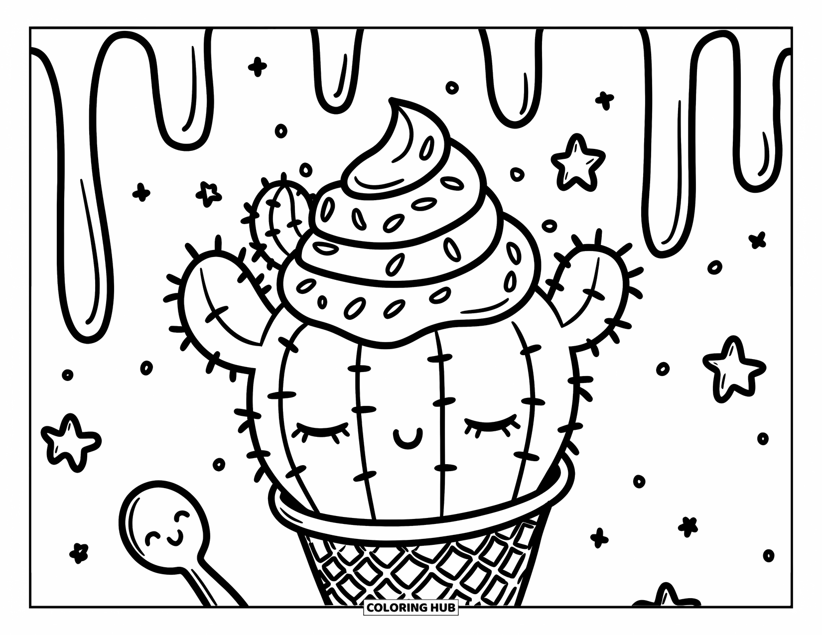 Desen de colorat cu cactus pentru adulți: O cornetă de înghețată cu cactus cu țepi moi, obraji îmbujorați și un vârtej de frișcă