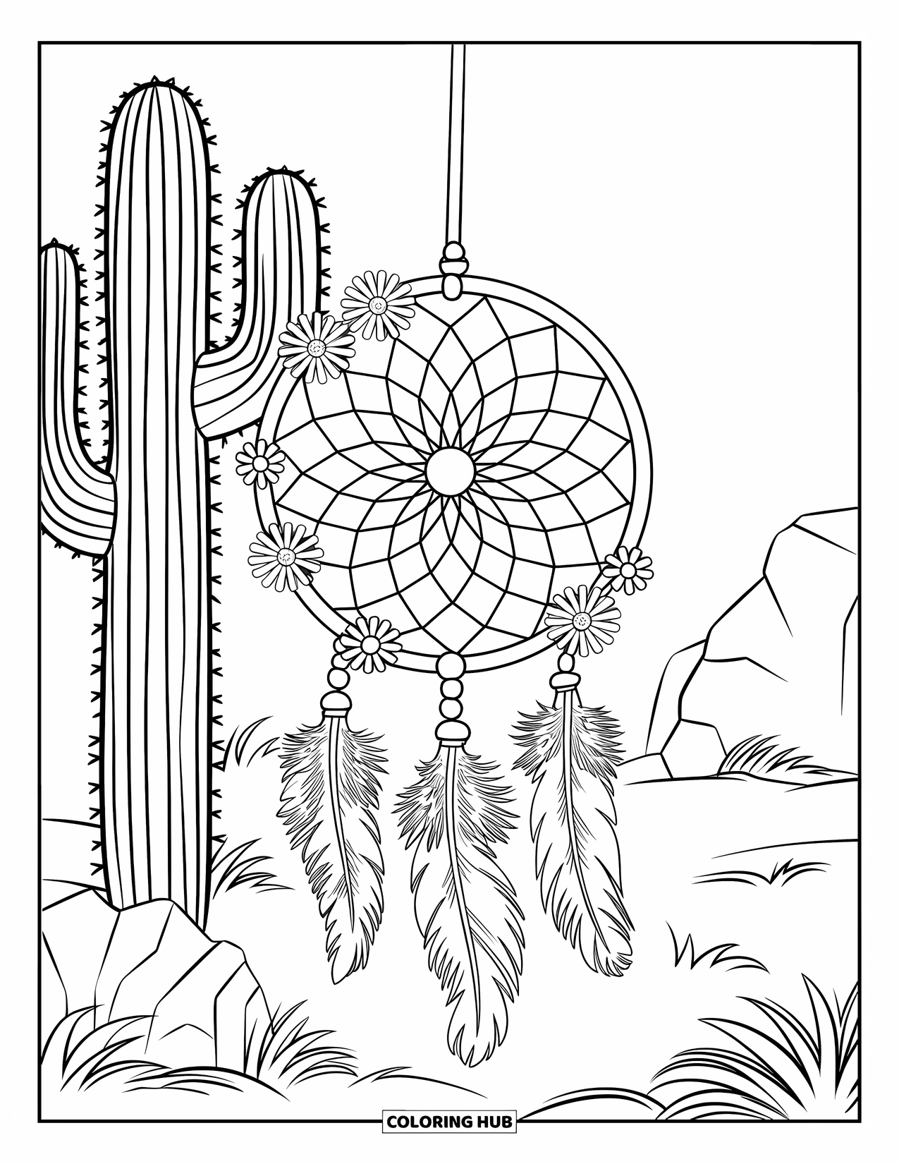 Desen de colorat cu cactus pentru adulți: Un cactus cu un prinzător de vise, cu o plasă țesută, pene delicate și un fundal de deșert