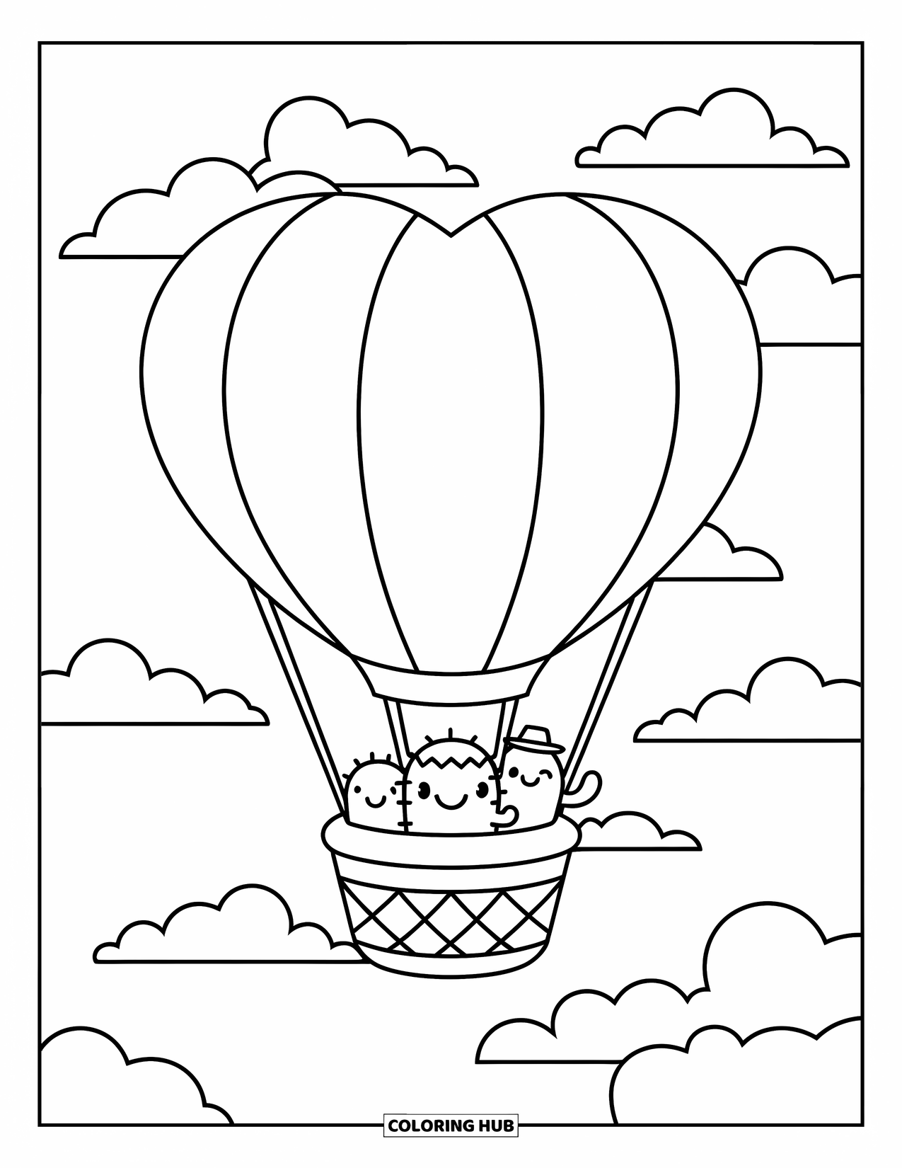 Desen de colorat cu cactus pentru adulți: Un trio vesel de cactuși care călătoresc într-un balon cu aer cald în formă de inimă printr-un cer de vis