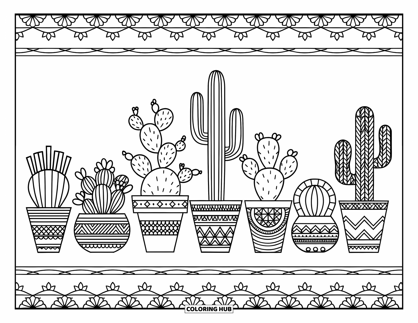 Desen de colorat cu cactus pentru adulți: O colecție de cactuși diferiți aranjați în ghivece decorative, cu modele complicate boeme