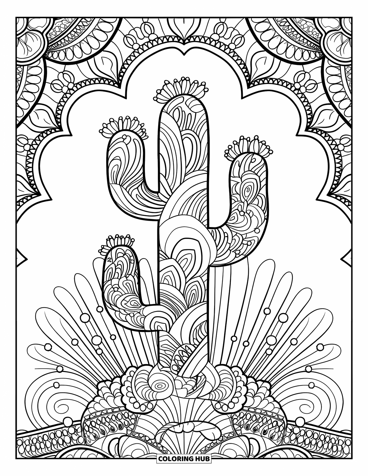Desen de colorat cu cactus pentru adulți: Un cactus decorativ în stil mandala, înconjurat de modele florale și detalii artistice