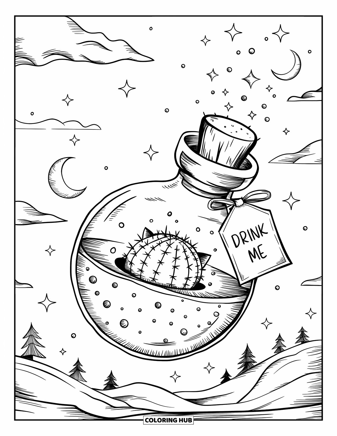 Desen de colorat cu cactus pentru adulți: O sticlă de poțiune de vis cu o pisică cactus adormită, stele sclipitoare și o etichetă "Bea-mă"