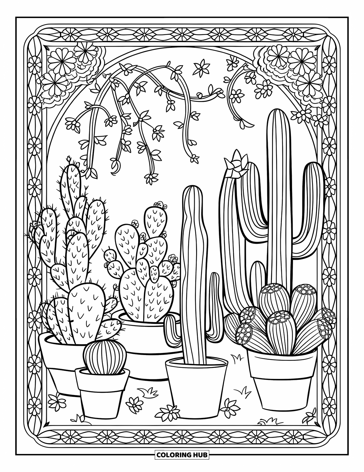Desen de colorat cu cactus pentru adulți: O grădină de cactuși înrămată cu cactuși în ghivece, viță de vie și accente florale complicate