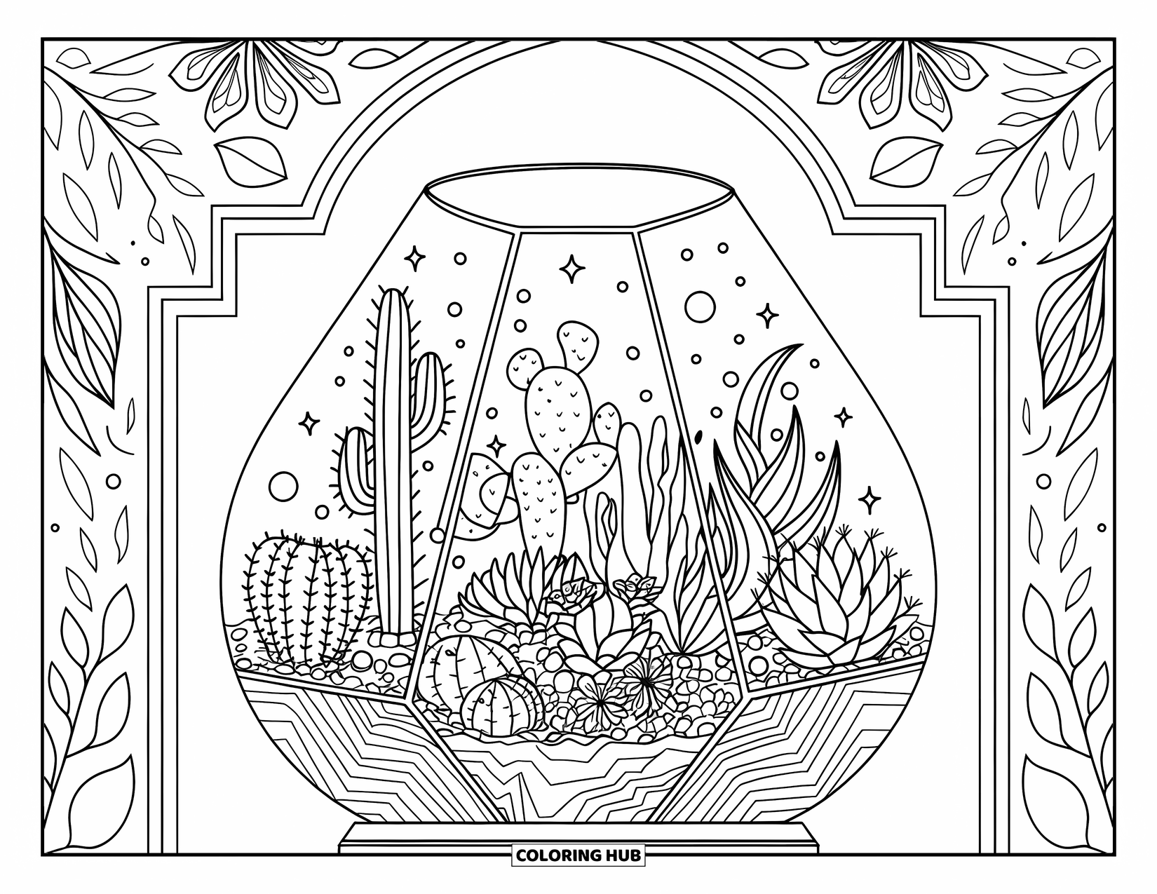 Desen de colorat cu cactus pentru adulți: Un terariu de sticlă umplut cu cactuși, suculente și sfere strălucitoare, creând o scenă liniștită