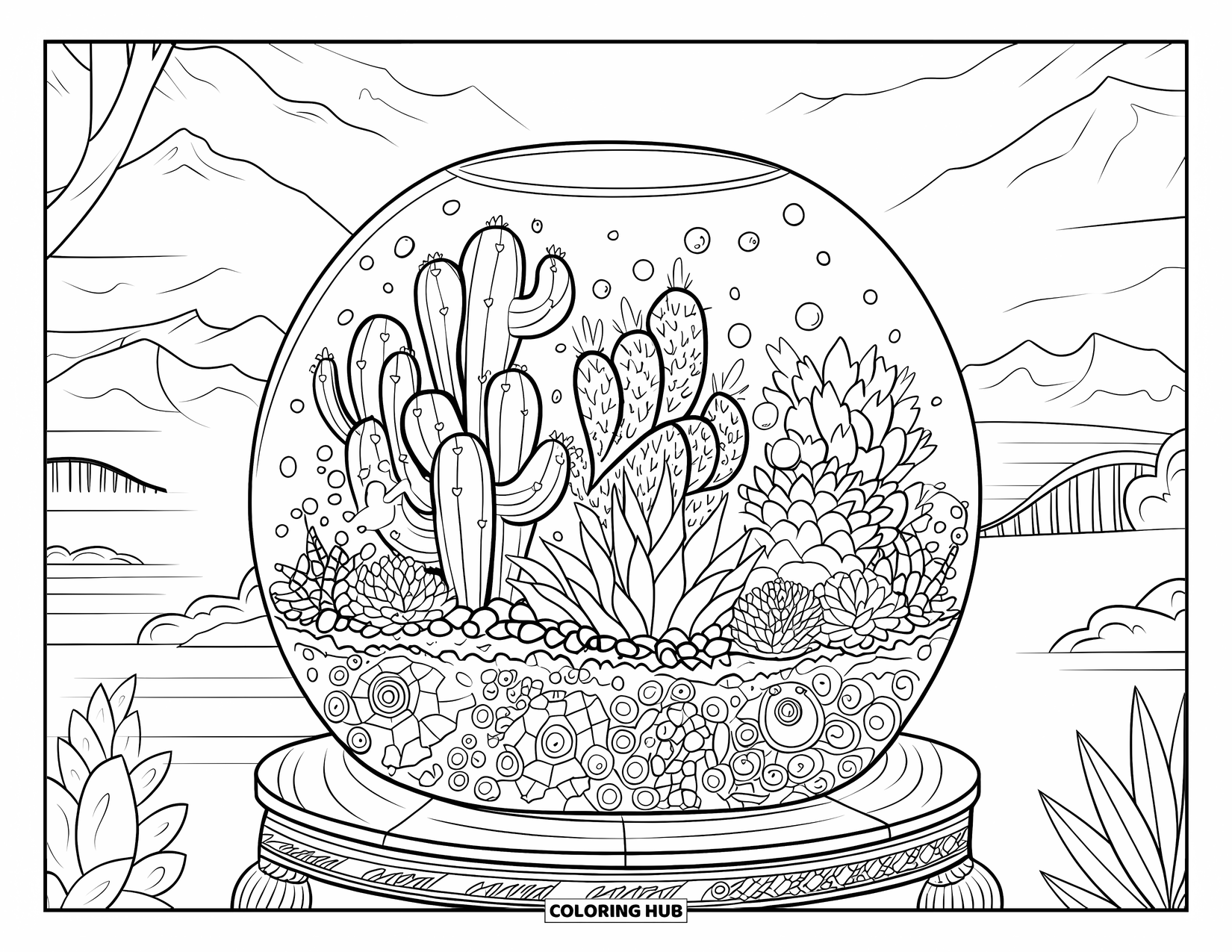 Desen de colorat cu cactus pentru adulți: Un terariu de sticlă cu cactuși și suculente, așezat pe un peisaj cu munți și apă