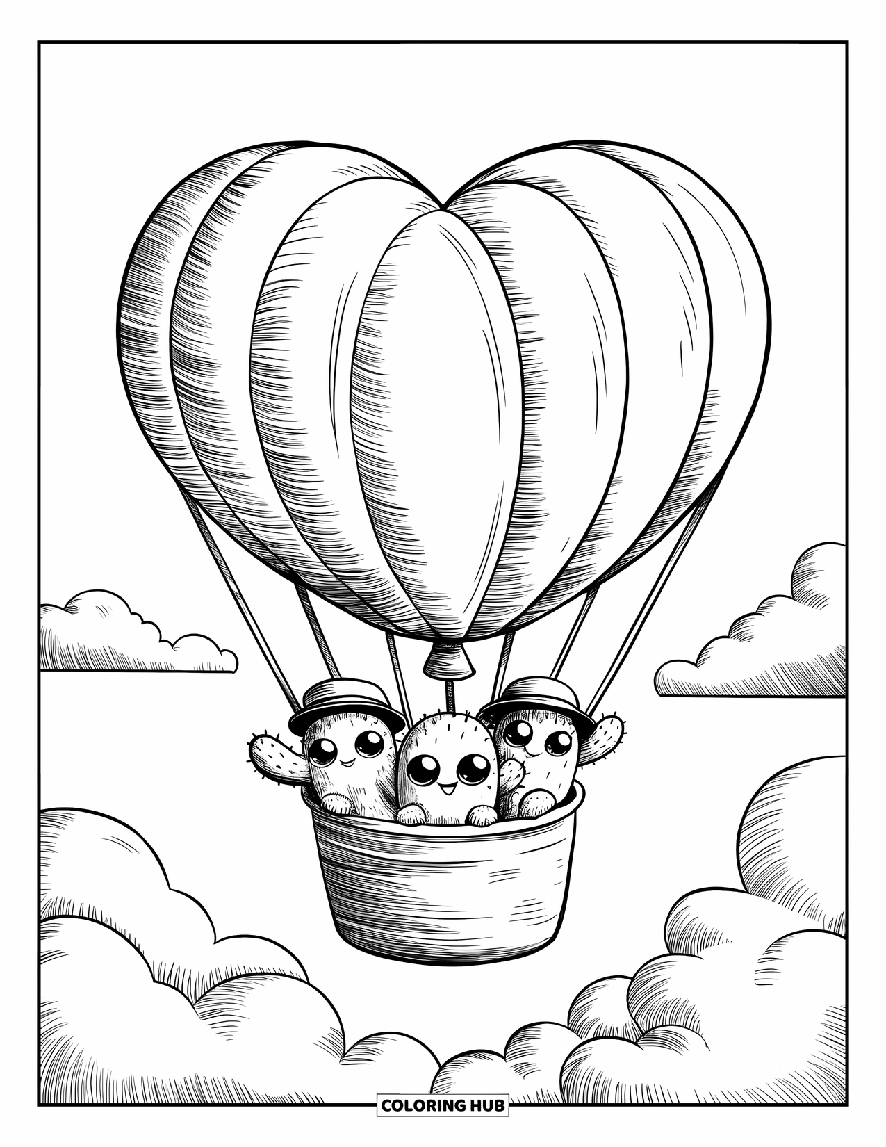 Desen de colorat cu cactus pentru adulți: O aventură cu balonul cu aer cald cu trei cactuși mici care se bucură de priveliște din coșul lor