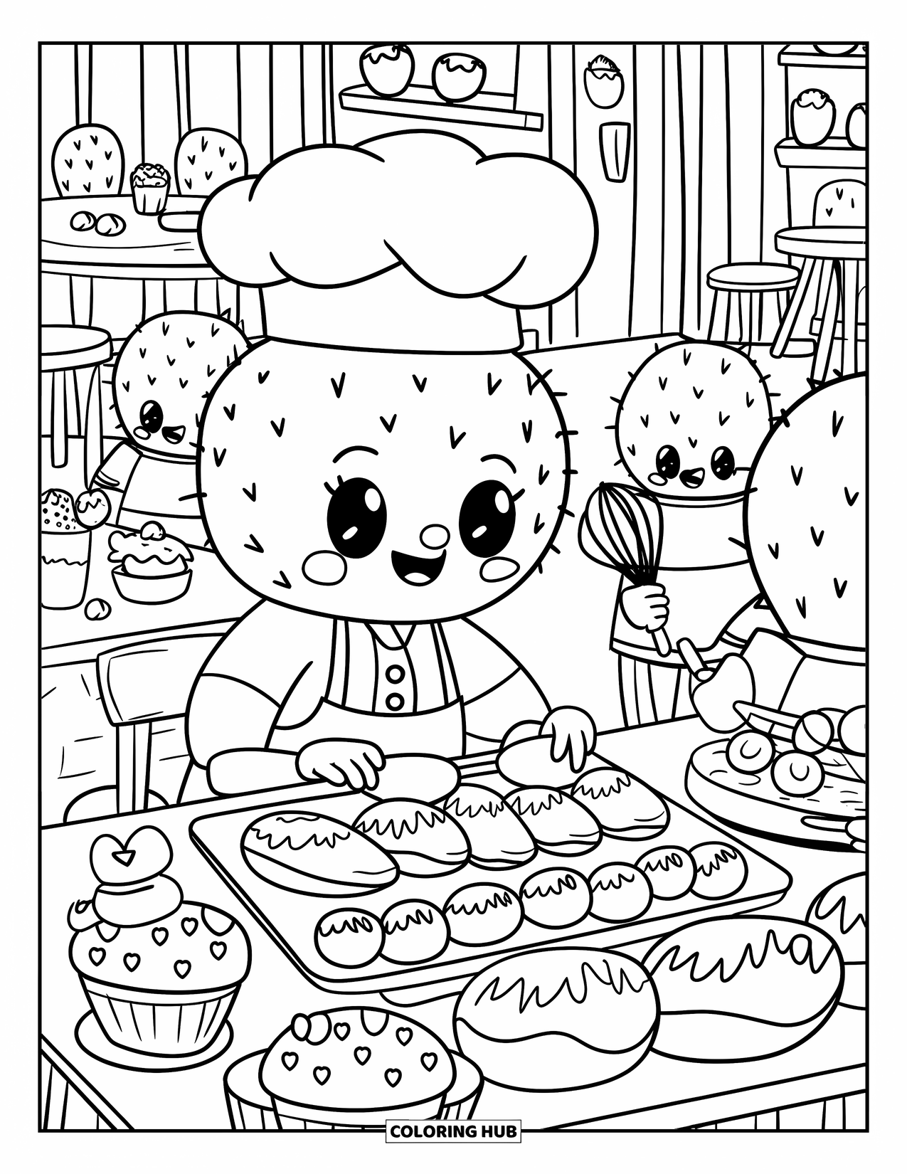 Desen de colorat cu cactus pentru adulți: O brutărie de cactuși plină de viață, unde un bucătar mic pregătește dulciuri, înconjurat de decorațiuni vesele