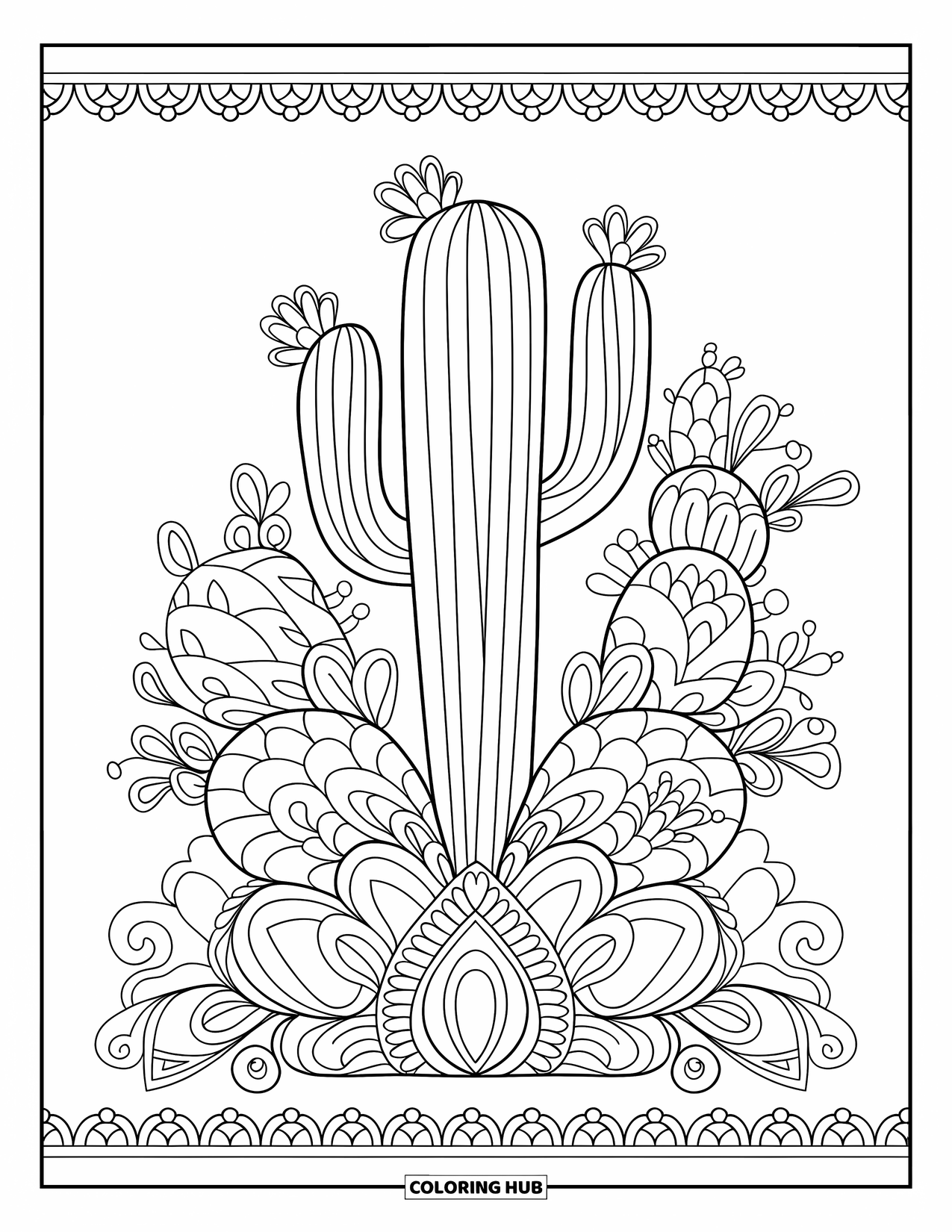 Desen de colorat cu cactus pentru adulți: Un cactus în stil mandala cu vârtejuri complicate, elemente florale și detalii ornamentale