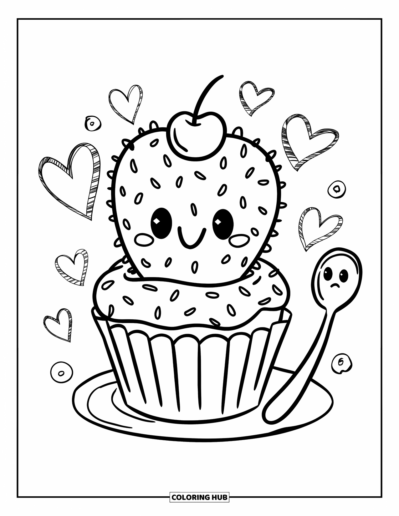 Desen de colorat cu cactus pentru adulți: Un cactus zâmbitor într-un ambalaj de brioșă, acoperit cu stropi și o lingură surprinsă