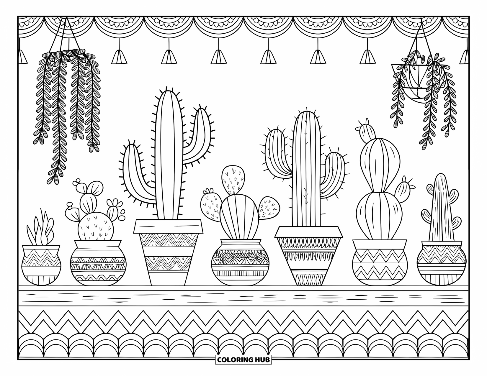 Desen de colorat cu cactus pentru adulți: Un aranjament elegant de cactuși în ghivece cu model tribal, așezat pe o margine de lemn cu decor