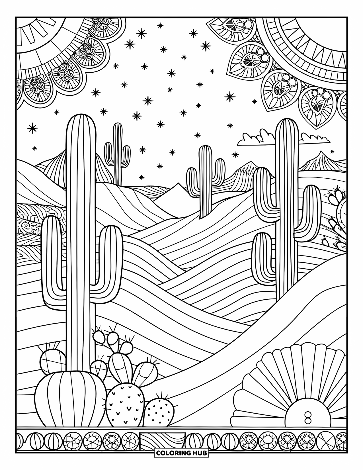 Desen de colorat cu cactus pentru adulți: O scenă de deșert suprarealistă cu cactuși, un cer înstelat și dune de nisip curgătoare