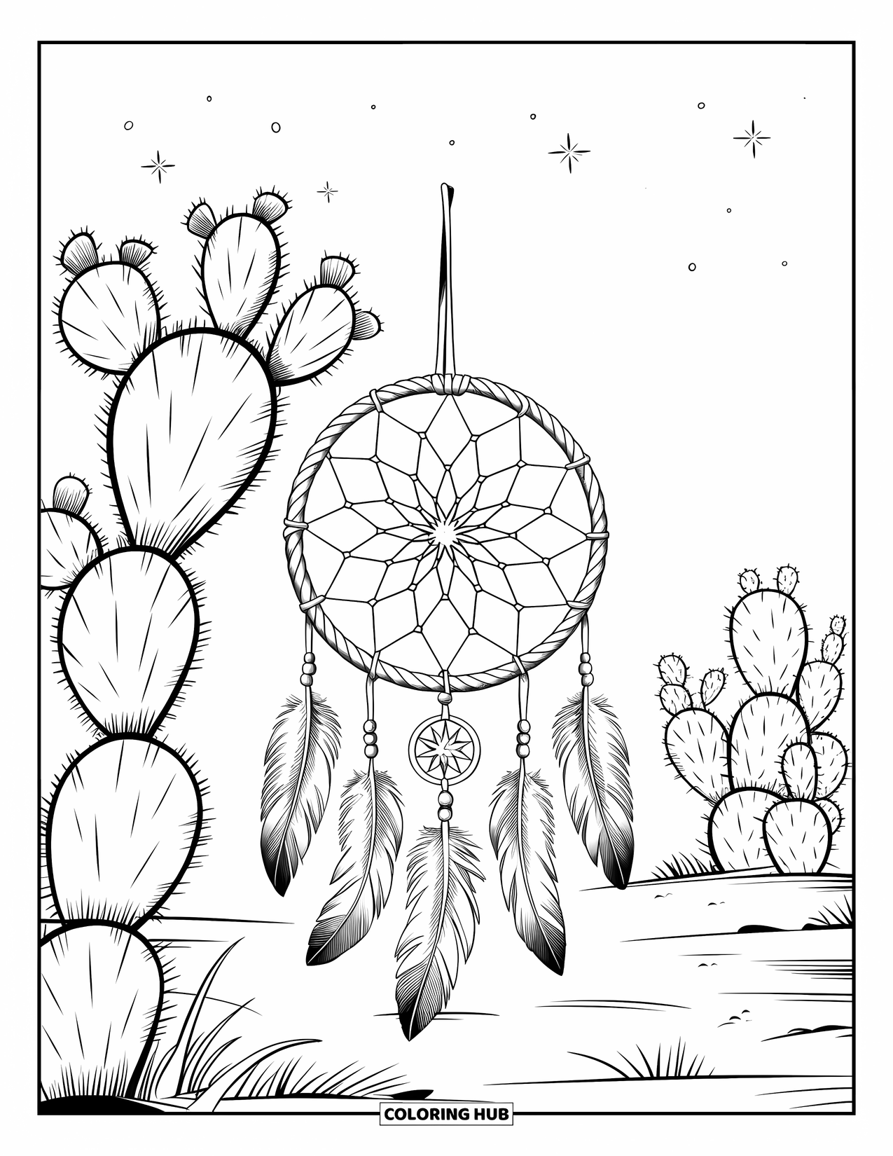 Desen de colorat cu cactus pentru adulți: Un prinzător de vise țesut cu pene atârnate, sprijinit pe un cactus țepos într-un cadru de deșert