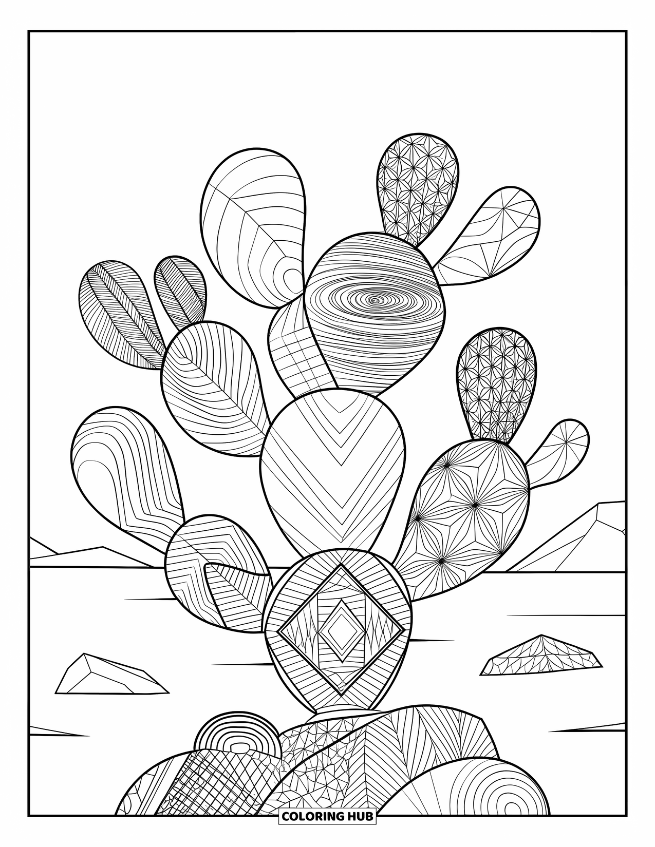 Desen de colorat cu cactus pentru adulți: Un cactus zentangle cu texturi complicate, plasat într-un peisaj de deșert cu dune de nisip ondulate