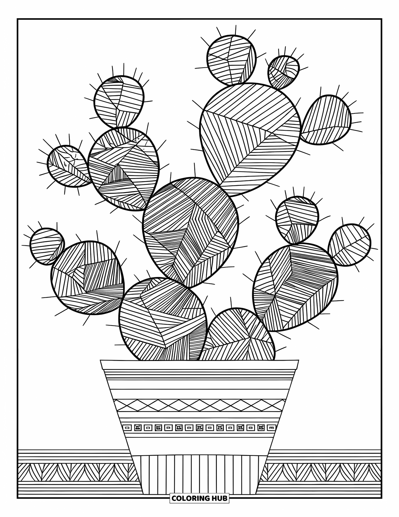 Desen de colorat cu cactus pentru adulți: Un cactus zentangle cu modele geometrice suprapuse, plasat într-un ghiveci decorativ