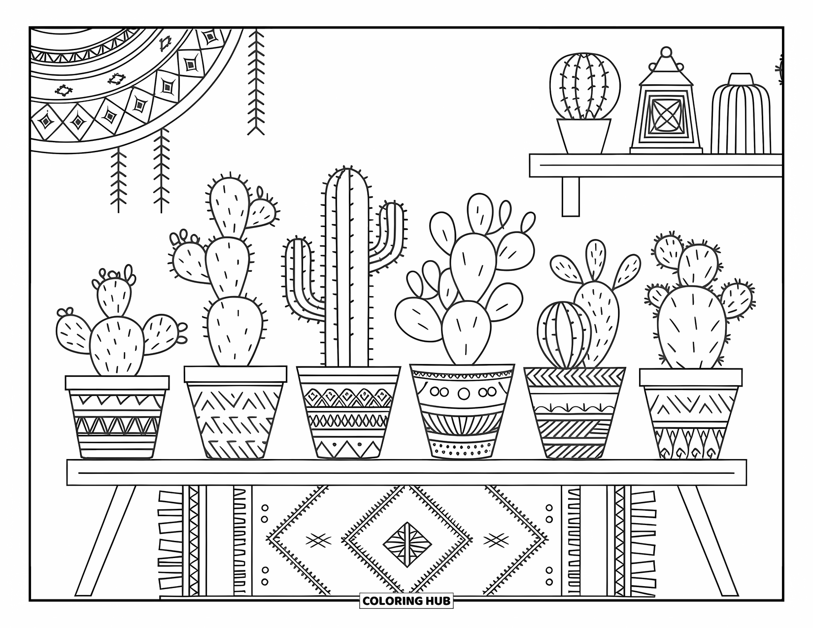 Desen de colorat cu cactus pentru adulți: O prezentare elegantă de cactuși în ghivece cu model, așezată pe un raft de lemn cu elemente decorative